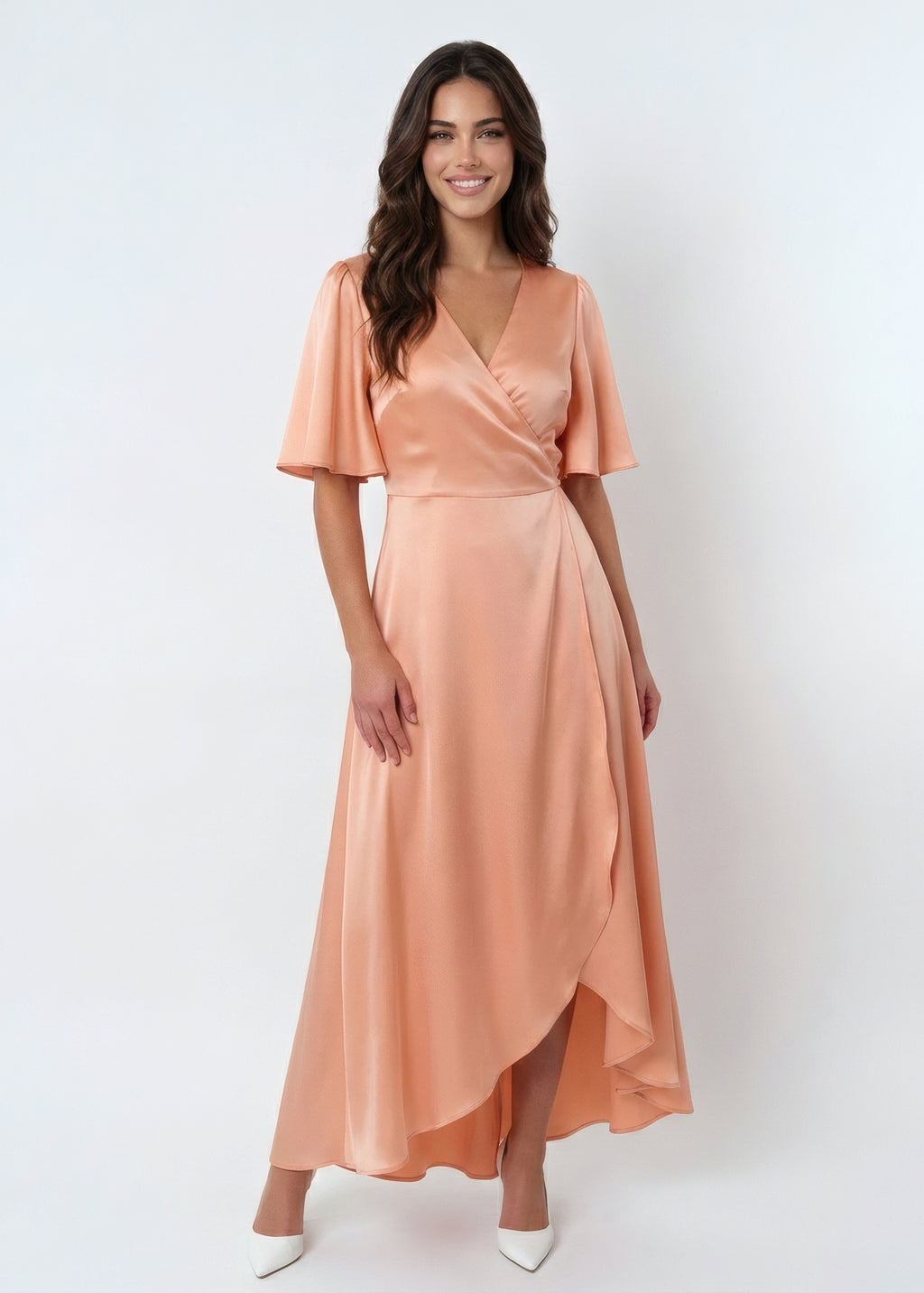 Peach Fuzz Silk Wrap Dress with Flutter Sleeve