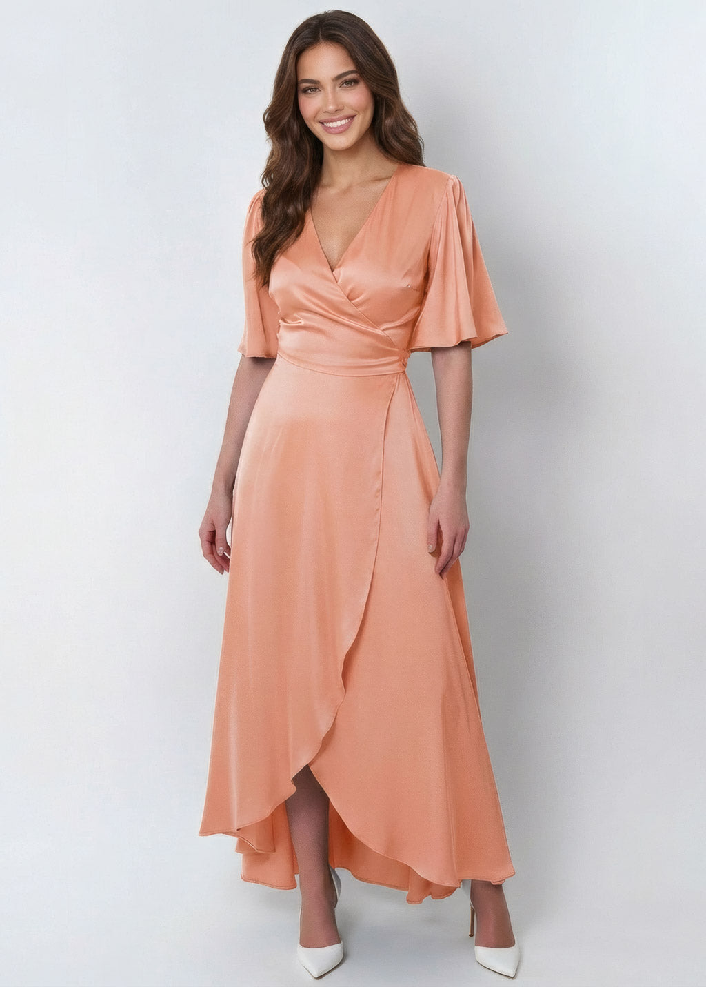 Peach Fuzz Silk Wrap Dress with Flutter Sleeve