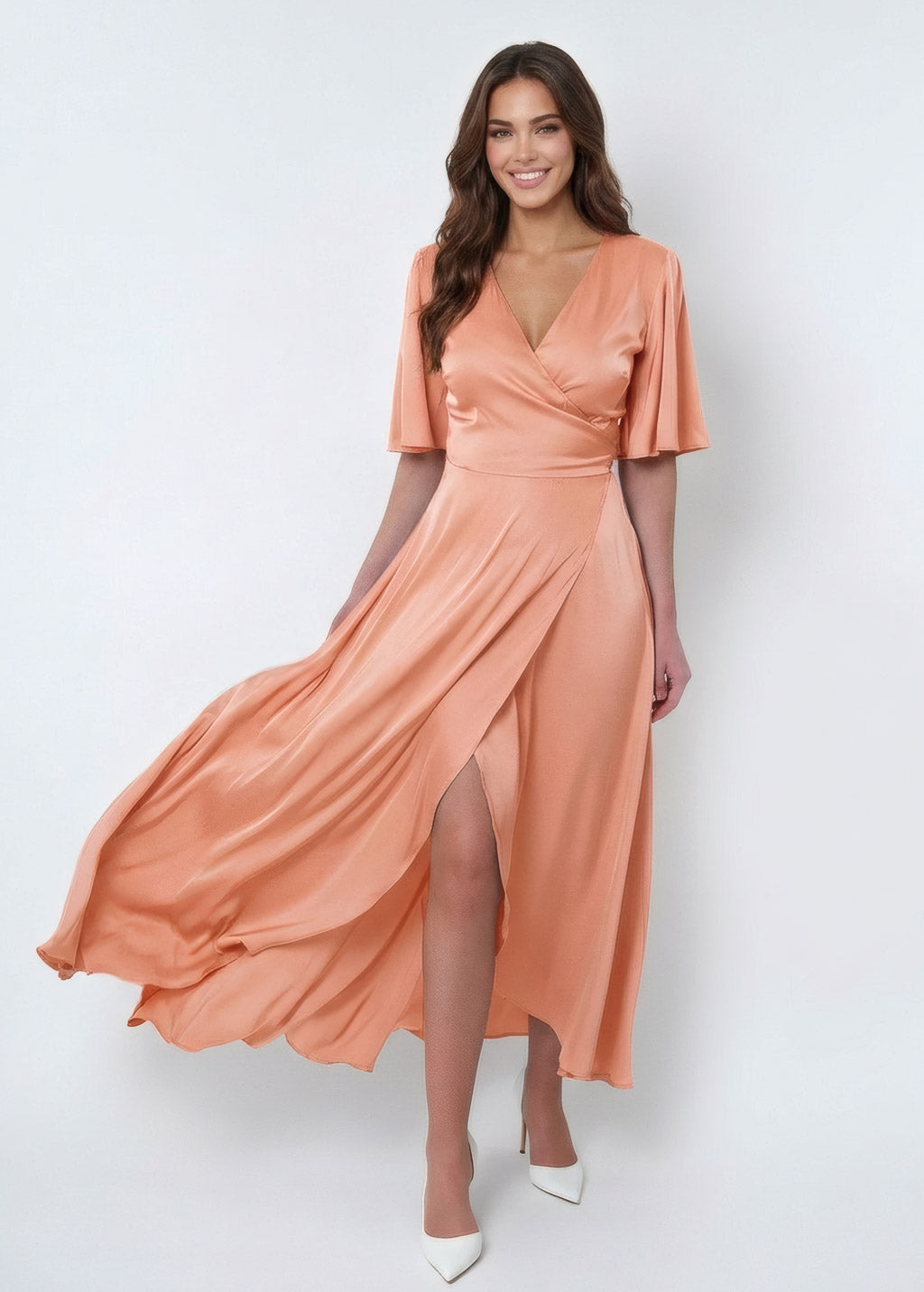 Peach Fuzz Silk Wrap Dress with Flutter Sleeve