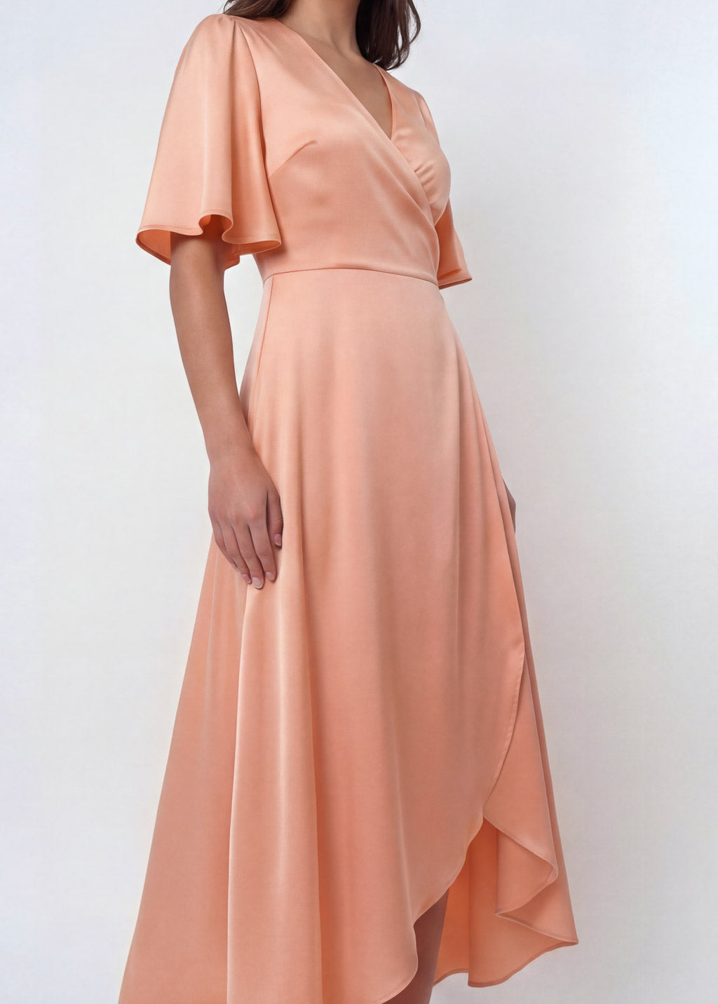 Peach Fuzz Silk Wrap Dress with Flutter Sleeve