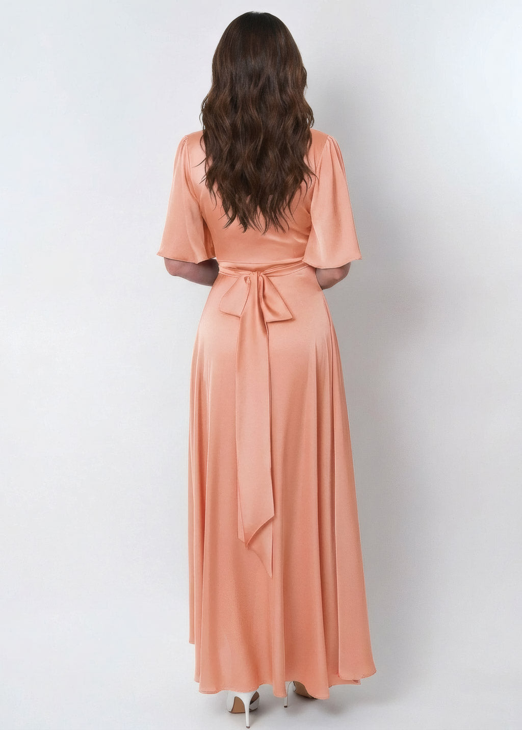 Peach Fuzz Silk Wrap Dress with Flutter Sleeve