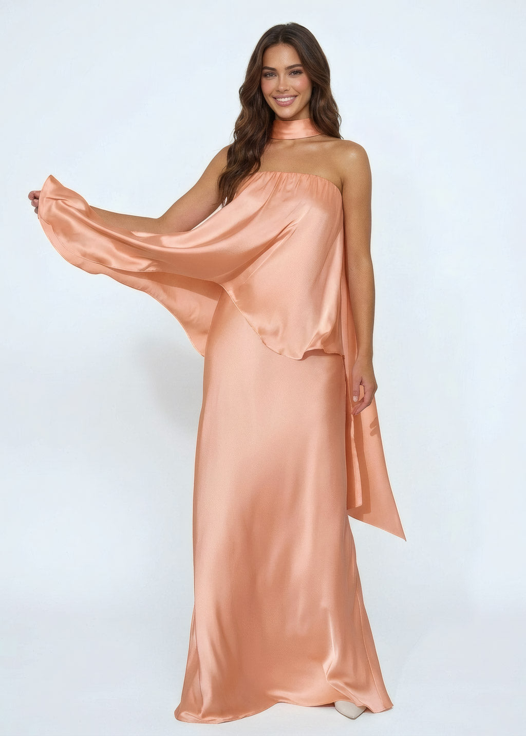 Peach Fuzz Silk Maxi Off Shoulder Dress with Scarf