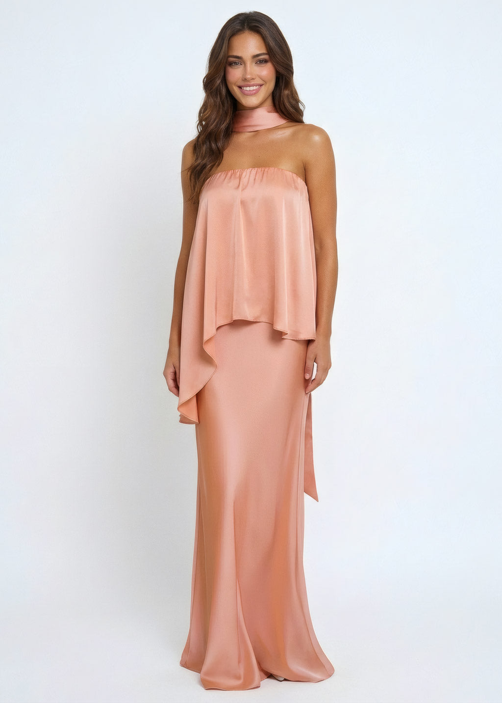 Peach Fuzz Silk Maxi Off Shoulder Dress with Scarf