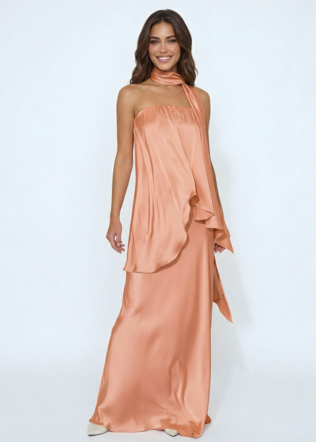 Peach Fuzz Silk Maxi Off Shoulder Dress with Scarf