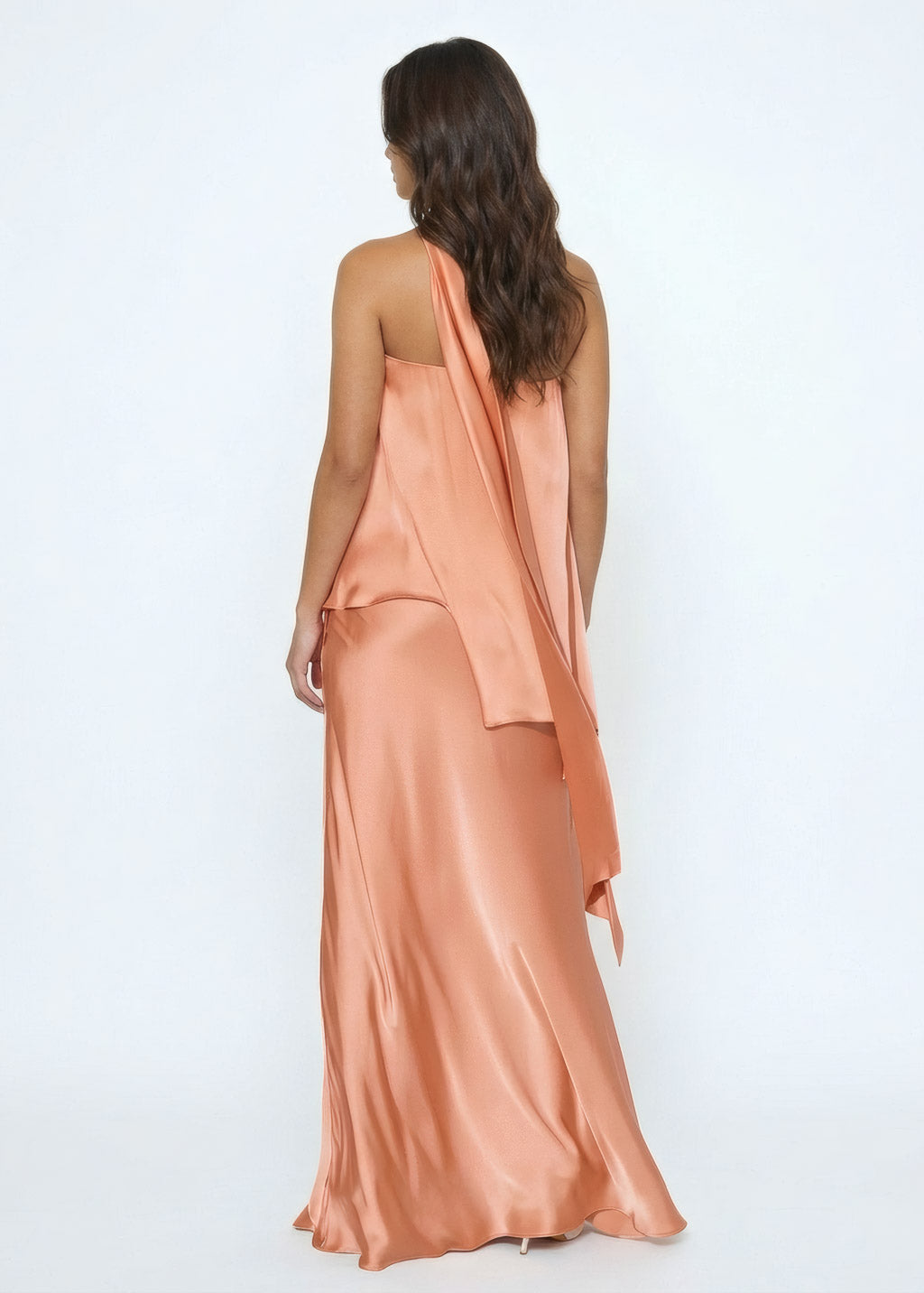 Peach Fuzz Silk Maxi Off Shoulder Dress with Scarf