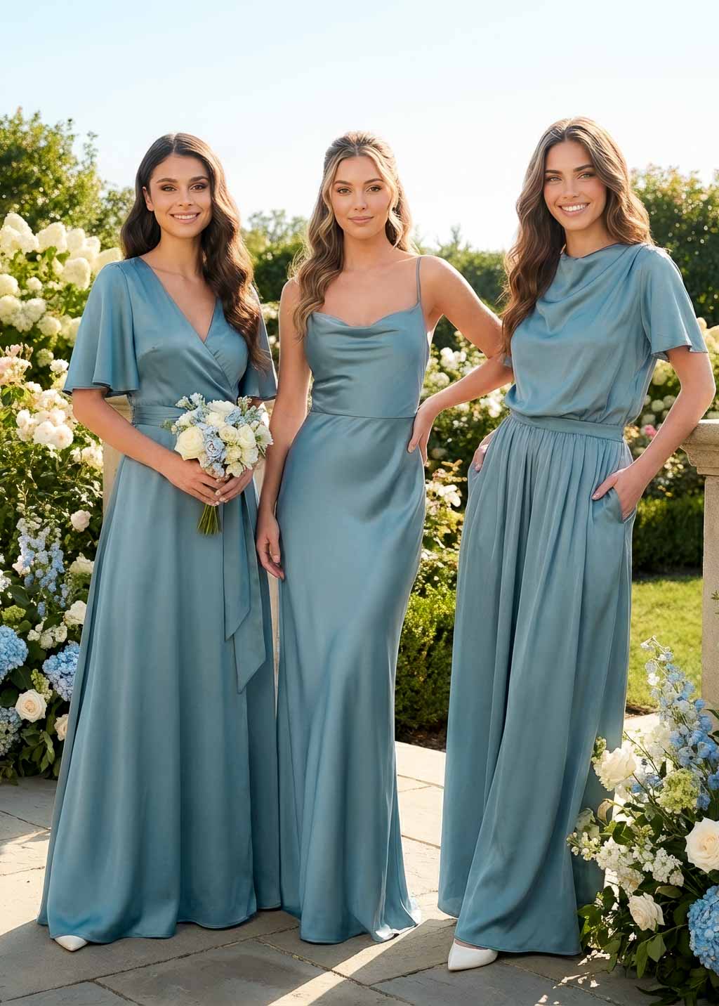 Dusty Blue Silk Bridesmaid Dress with Open Back