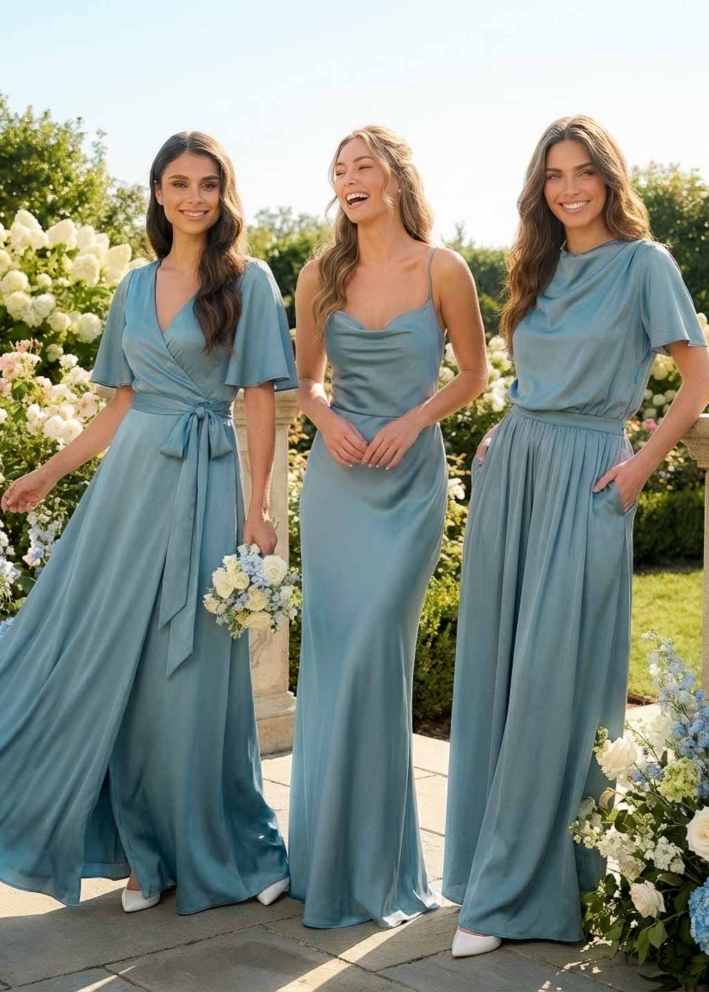 Dusty Blue Silk Bridesmaid Dress with Open Back