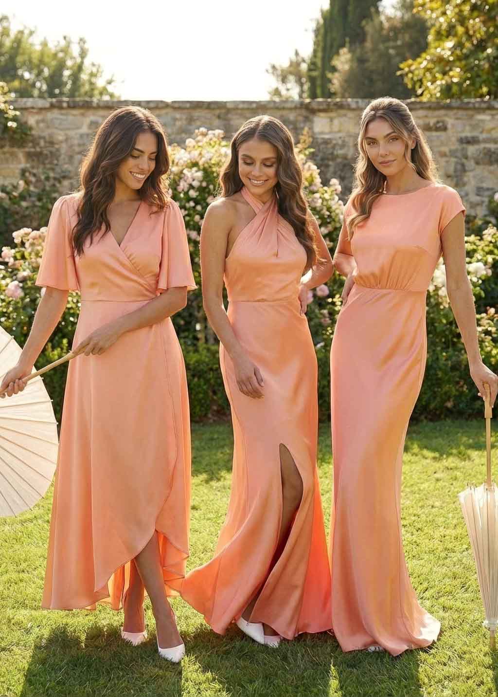 Peach Fuzz Silk Wrap Bridesmaid Dress with Flutter Sleeve