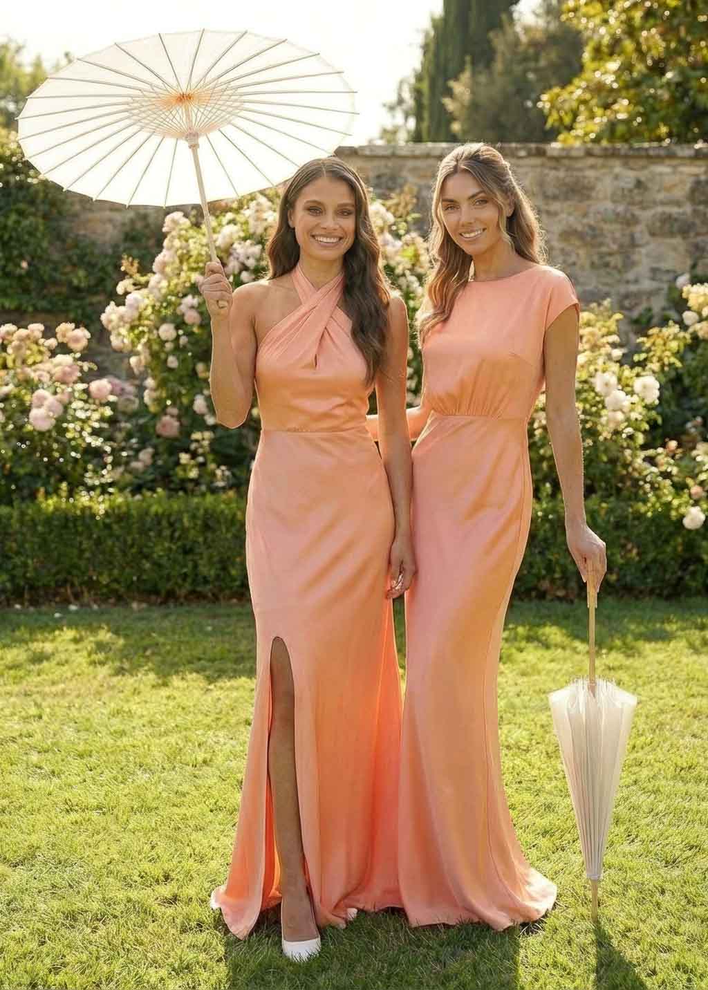 Peach Fuzz Silk Halter Bridesmaid Dress with Slit