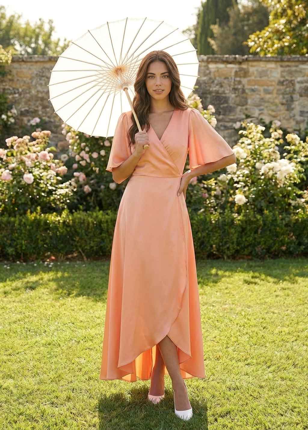Peach Fuzz Silk Wrap Bridesmaid Dress with Flutter Sleeve