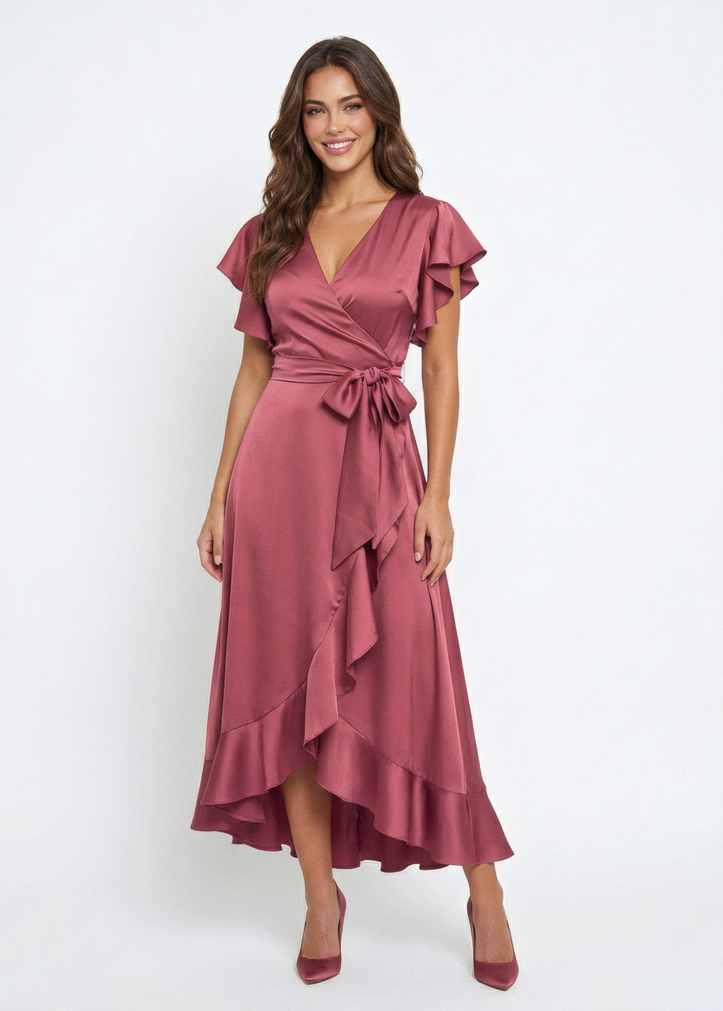 Dusty Rose Silk Wrap Ruffle Dress