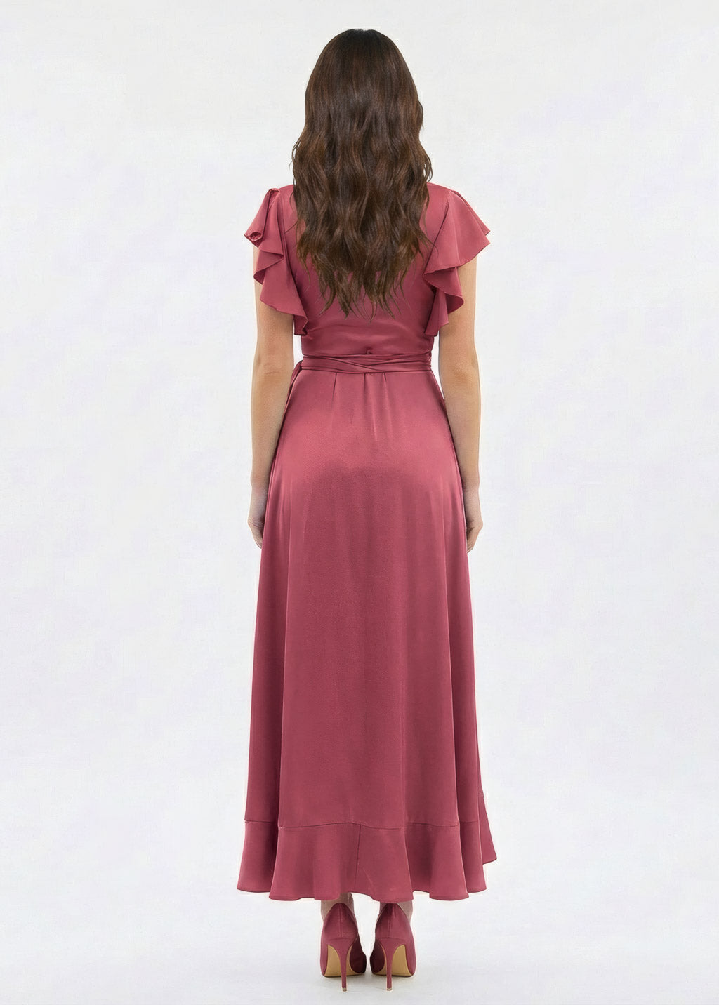 Dusty Rose Silk Wrap Ruffle Dress