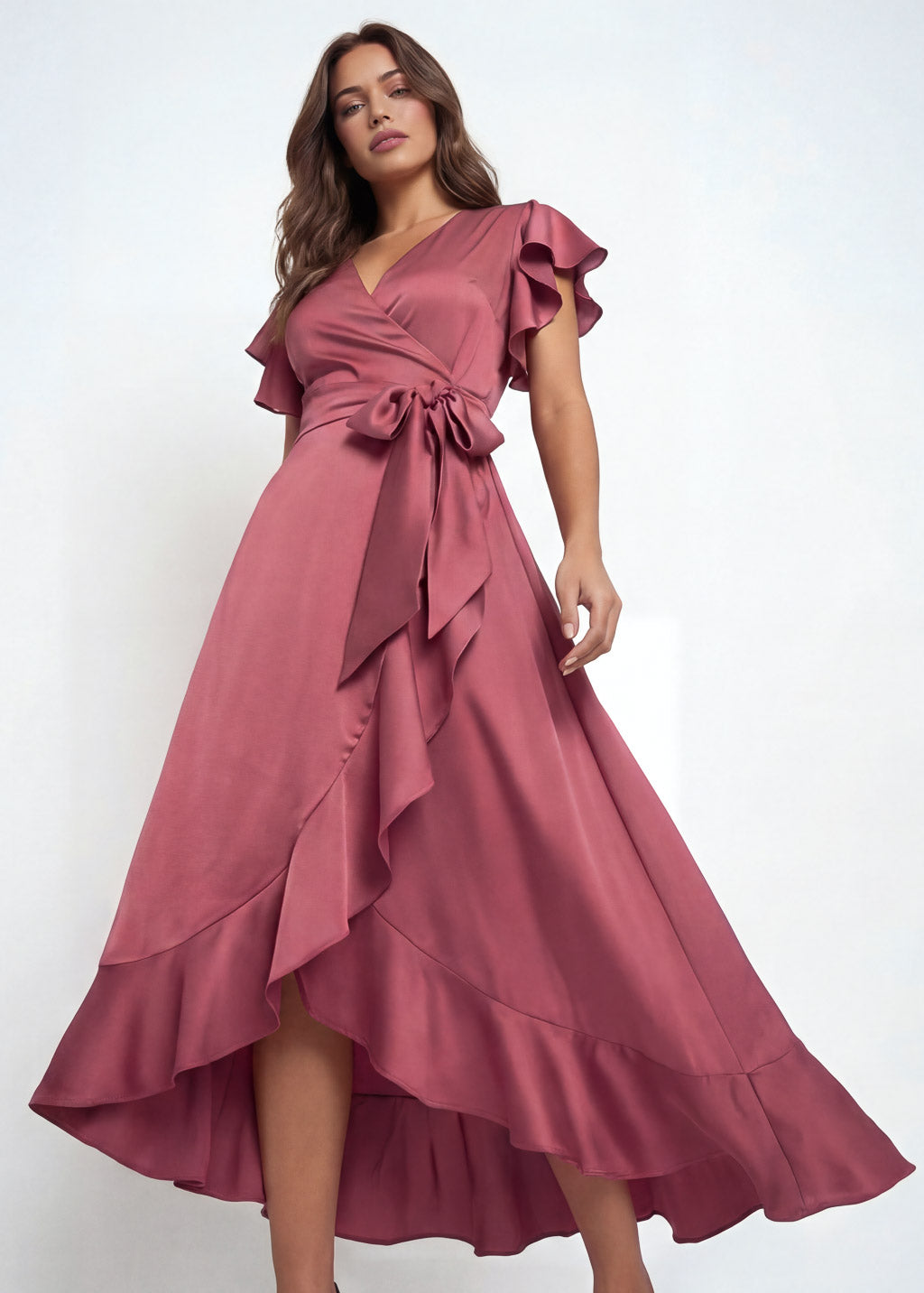 Dusty Rose Silk Wrap Ruffle Dress