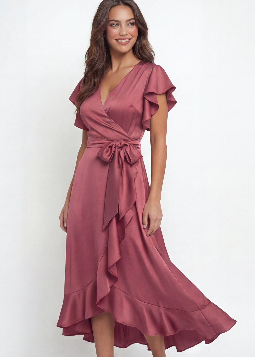 Dusty Rose Silk Wrap Ruffle Dress
