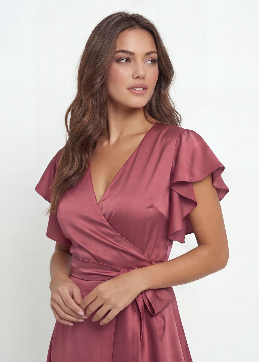 Dusty Rose Silk Wrap Ruffle Dress
