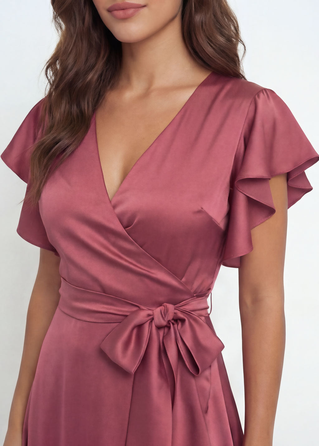 Dusty Rose Silk Wrap Ruffle Dress