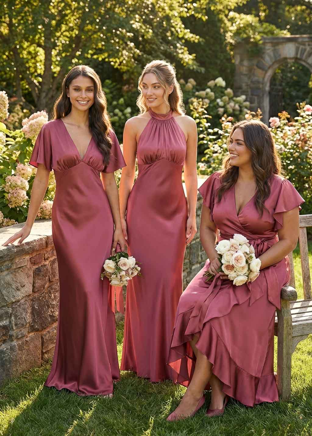 Dusty Rose Silk Wrap Ruffle Bridesmaid Dress