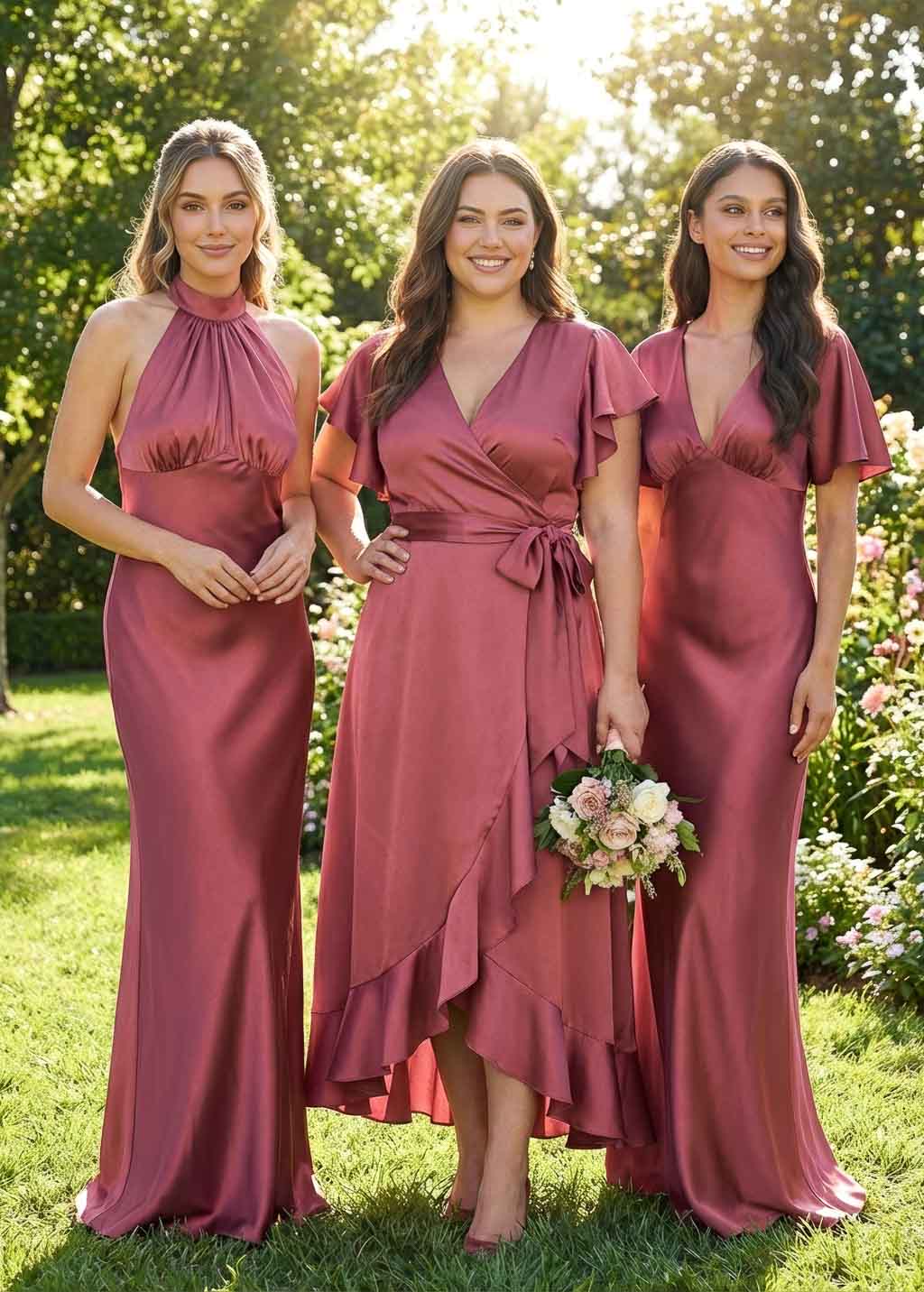Dusty Rose Silk Wrap Ruffle Bridesmaid Dress