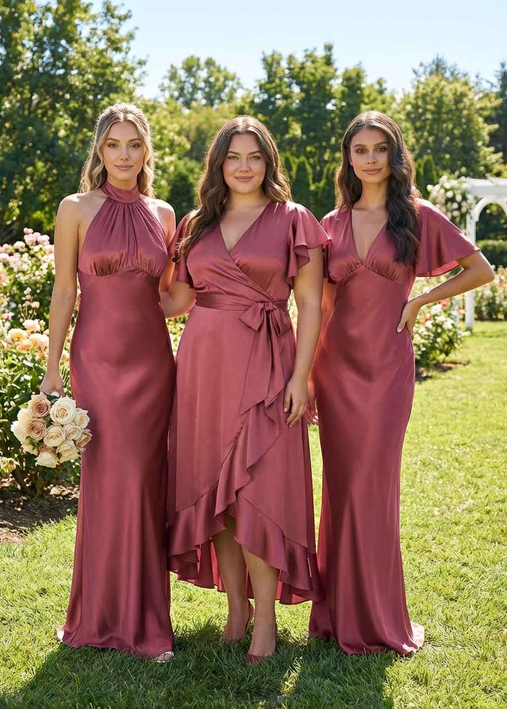 Dusty Rose Silk Wrap Ruffle Bridesmaid Dress