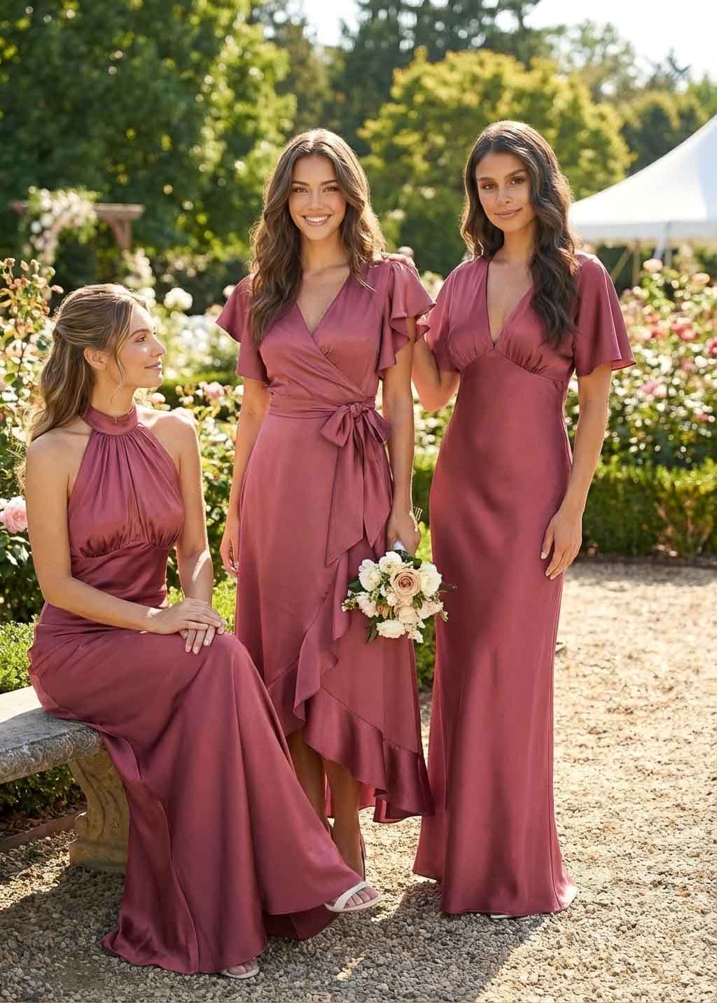 Dusty Rose Silk Bridesmaid Dress with Flutter Sleeves