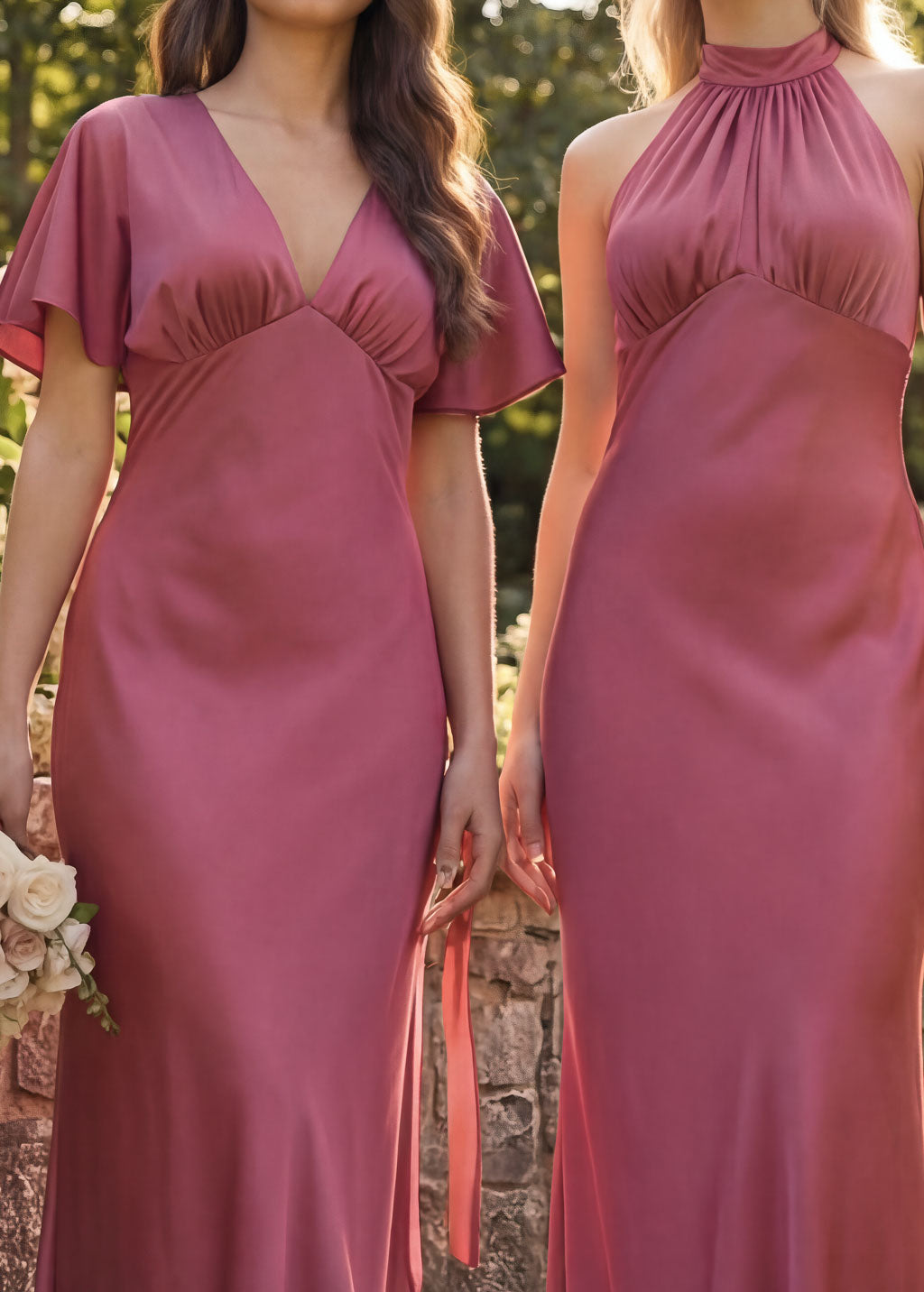 Dusty Rose Silk Bridesmaid Dress with Flutter Sleeves