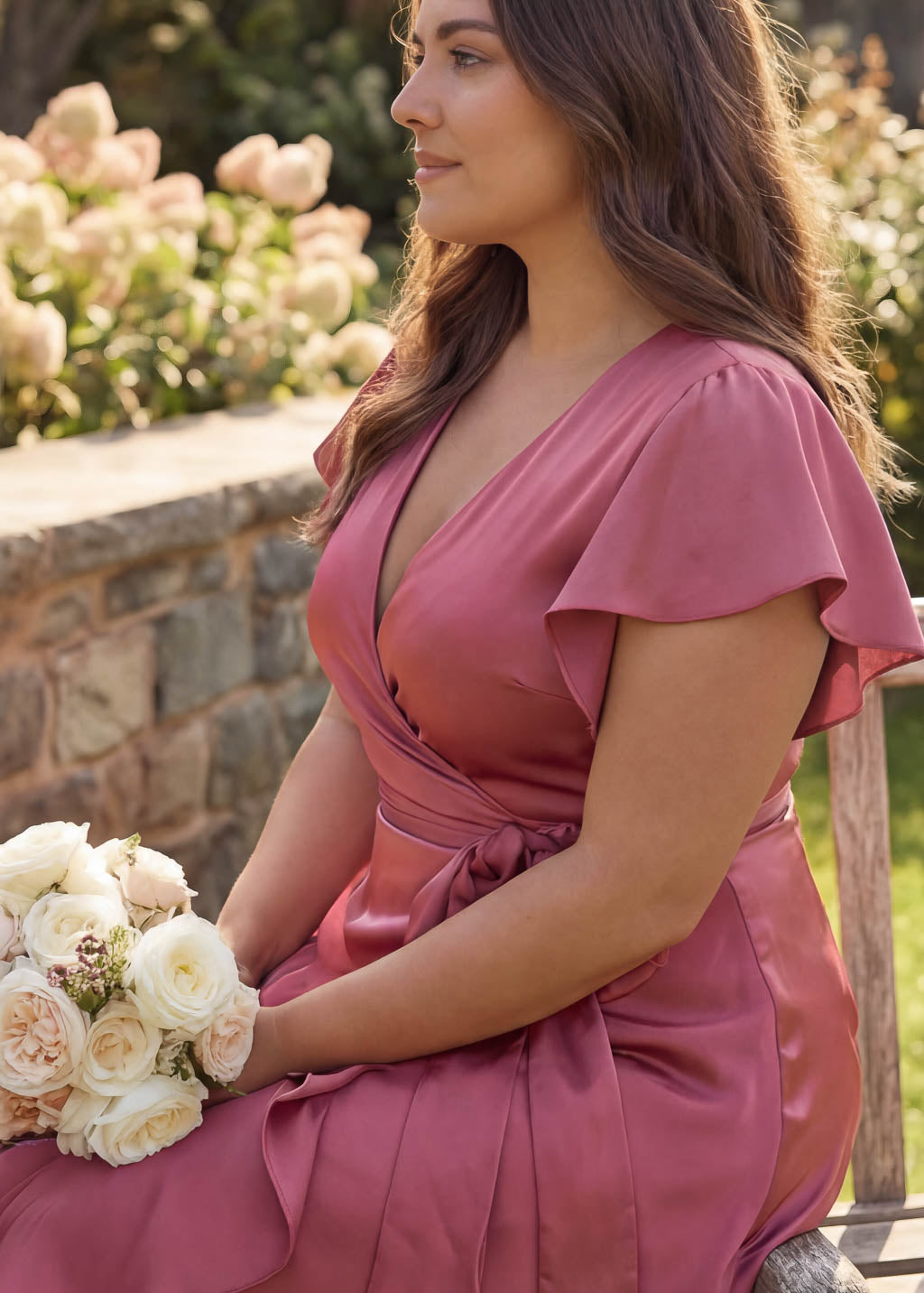 Dusty Rose Silk Wrap Ruffle Bridesmaid Dress
