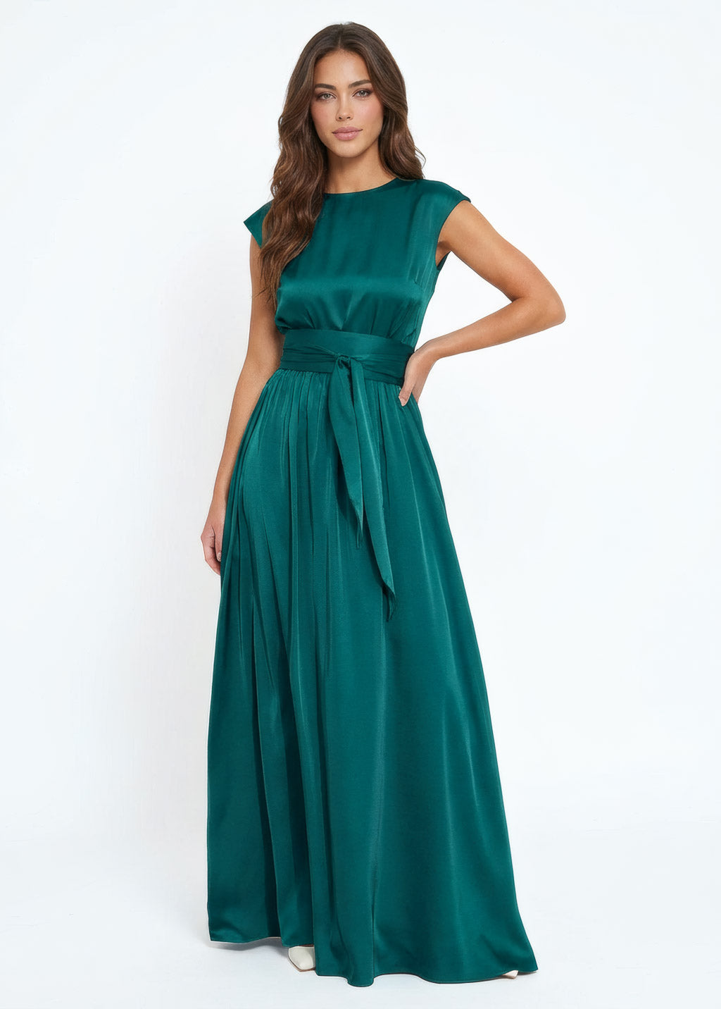 Teal Silk Long Dress with Belt