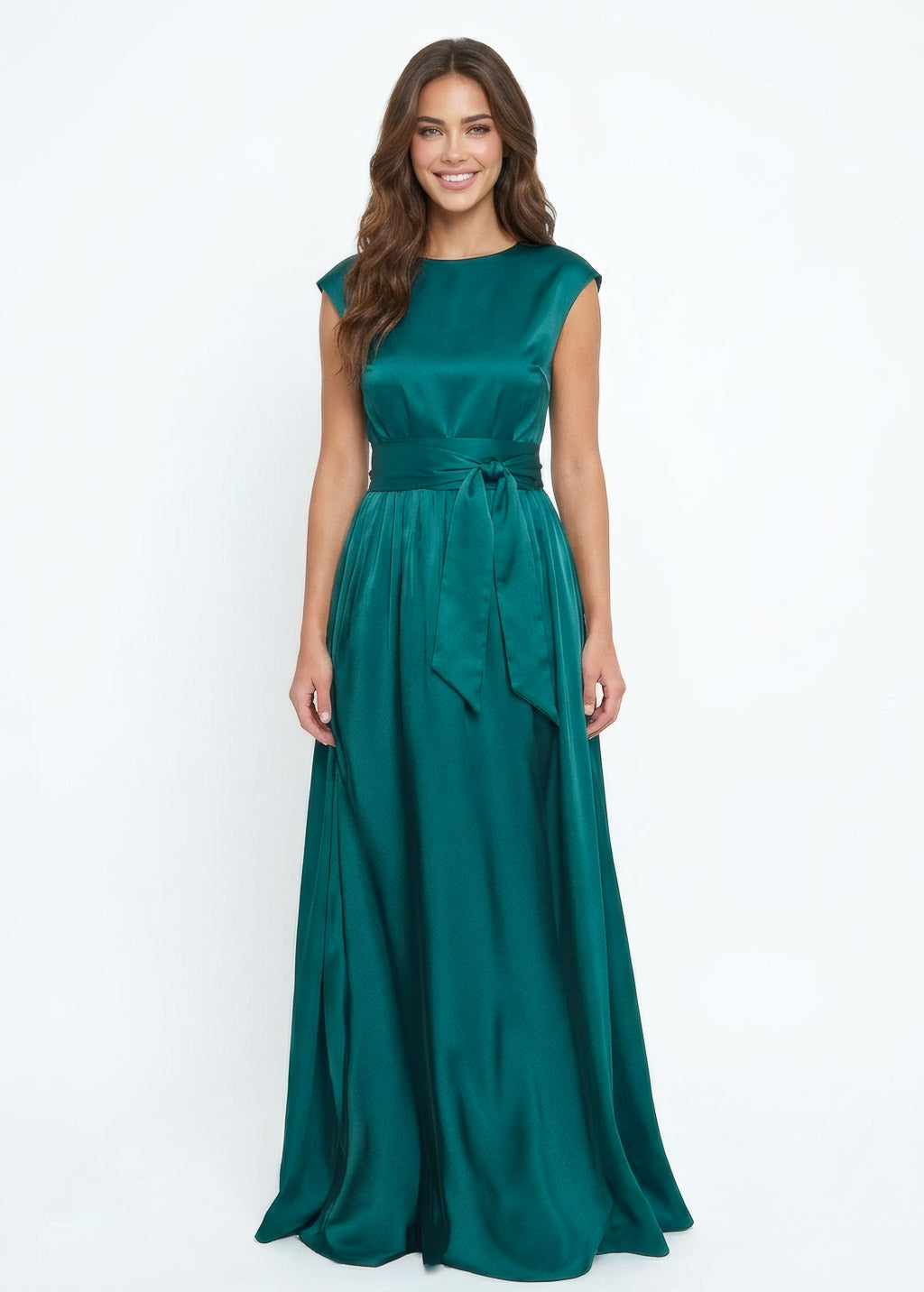 Teal Silk Long Dress with Belt