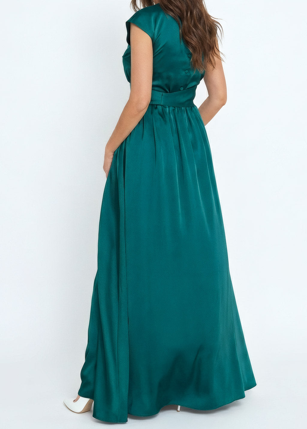 Teal Silk Long Dress with Belt