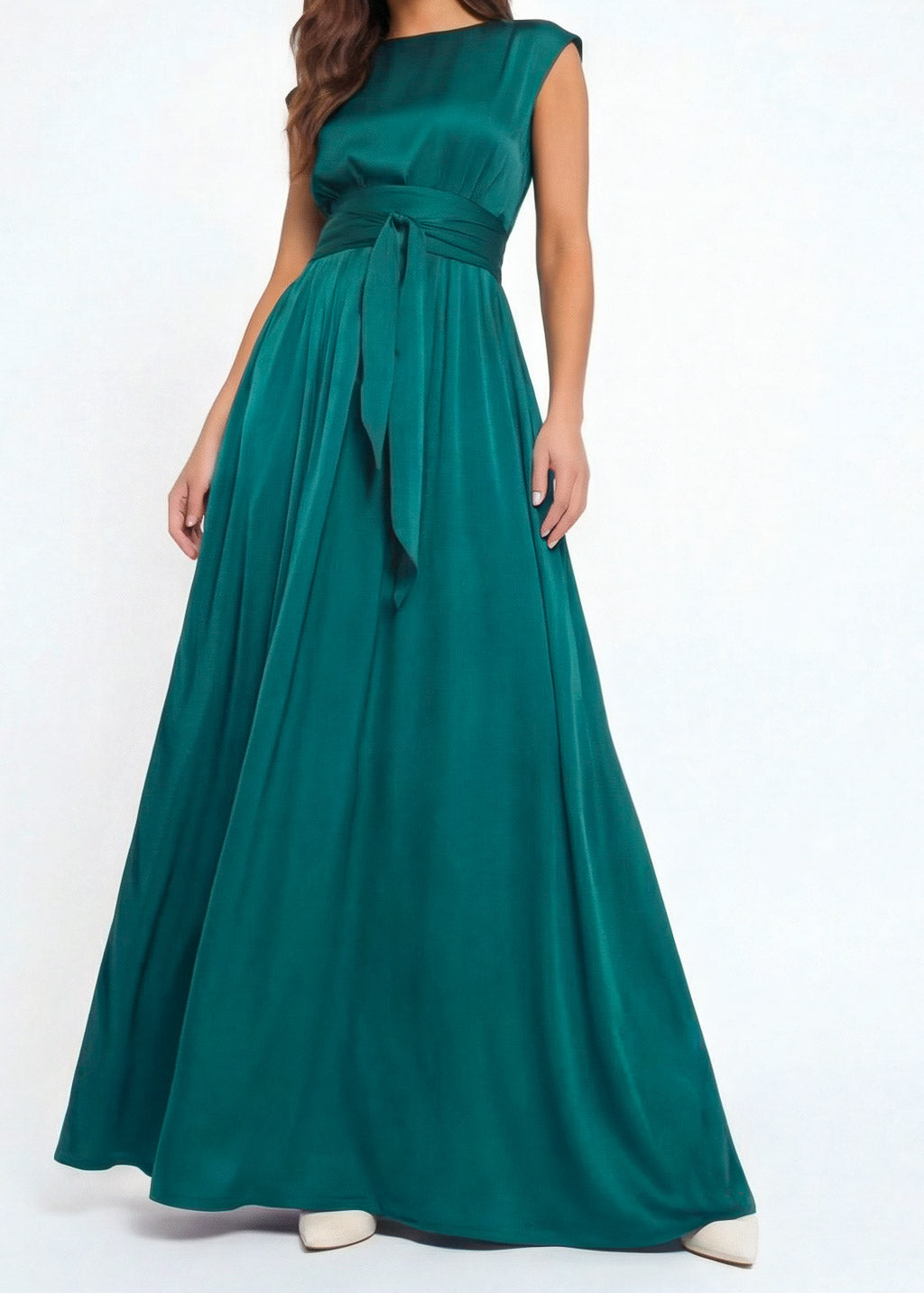 Teal Silk Long Dress with Belt