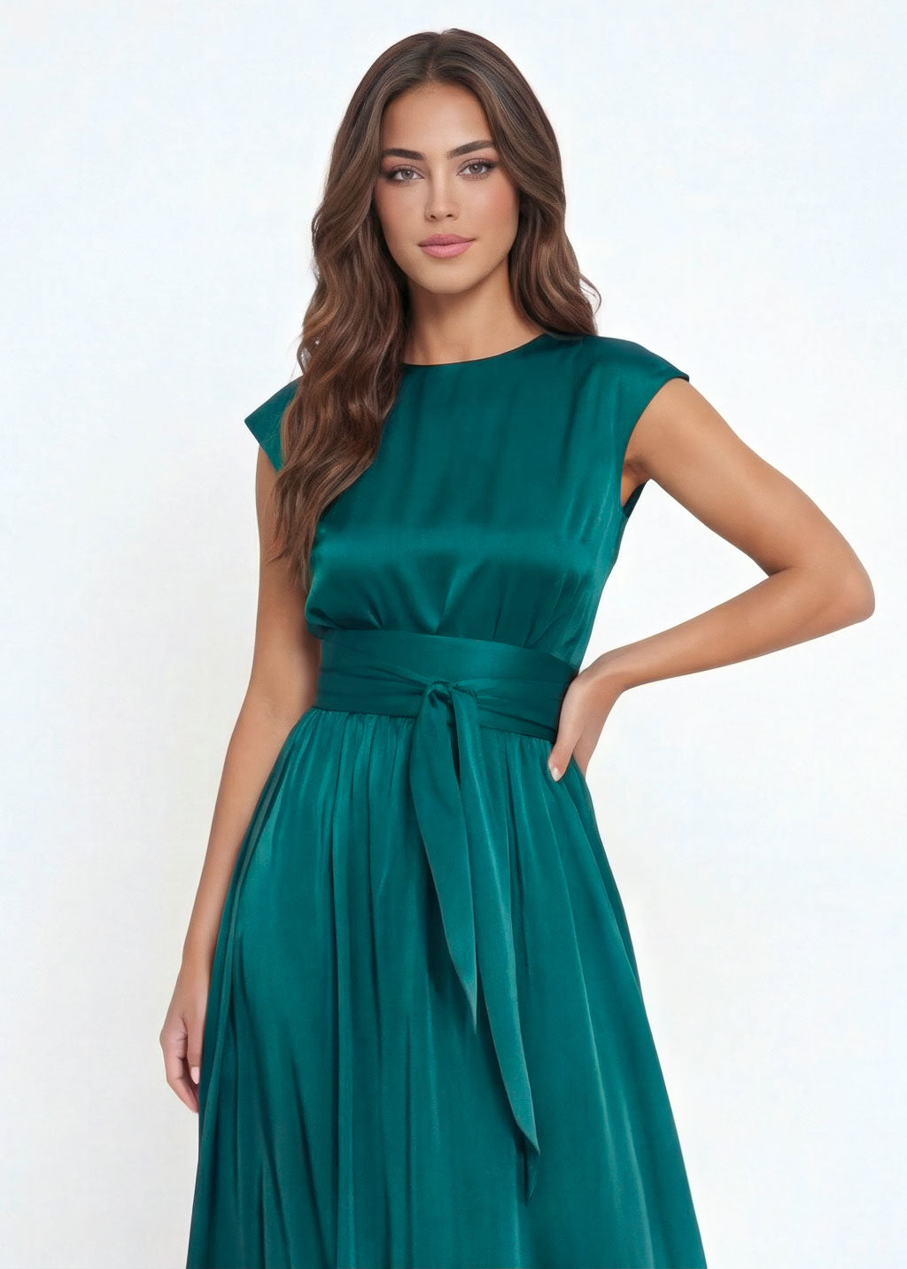 Teal Silk Long Dress with Belt
