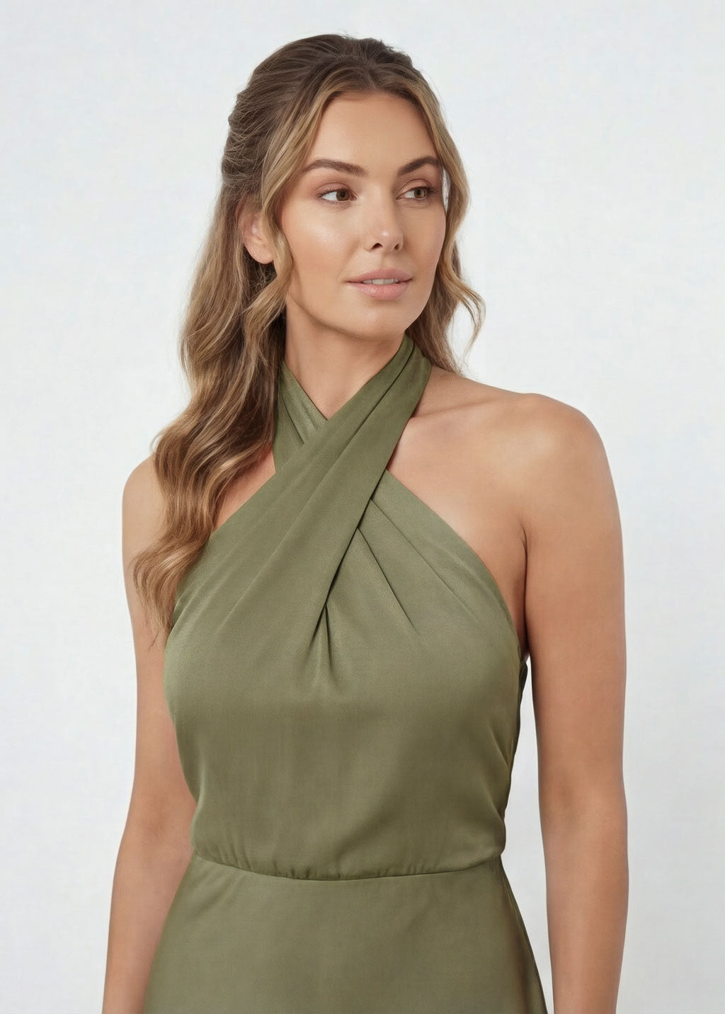 Olive Green Silk Halter Dress with Open Back