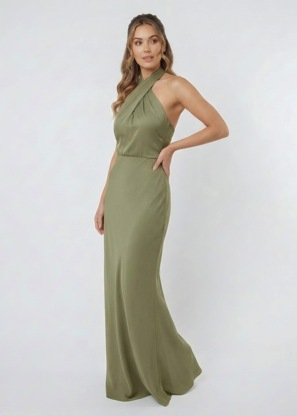 Olive Green Silk Halter Dress with Open Back