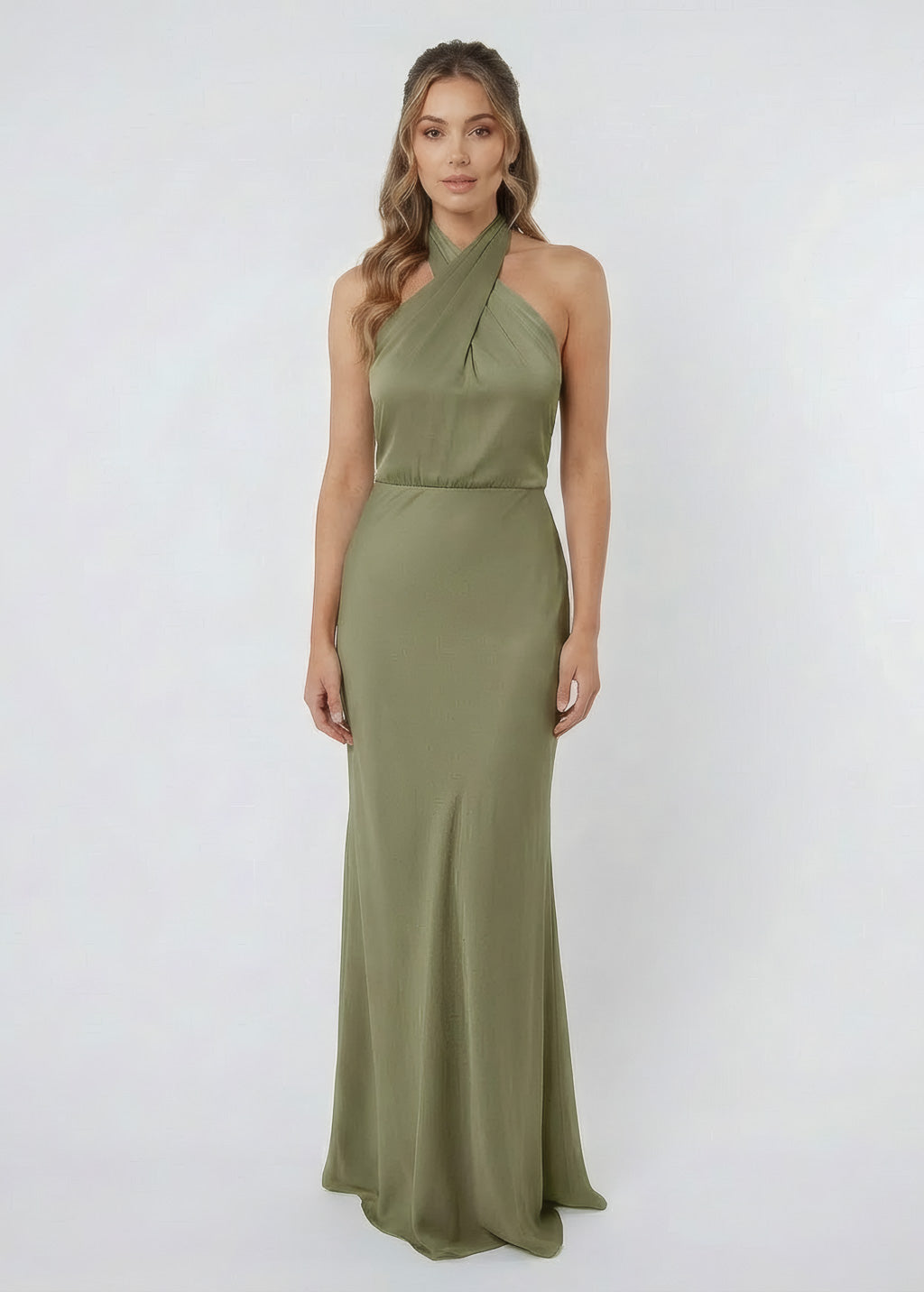 Olive Green Silk Halter Dress with Open Back