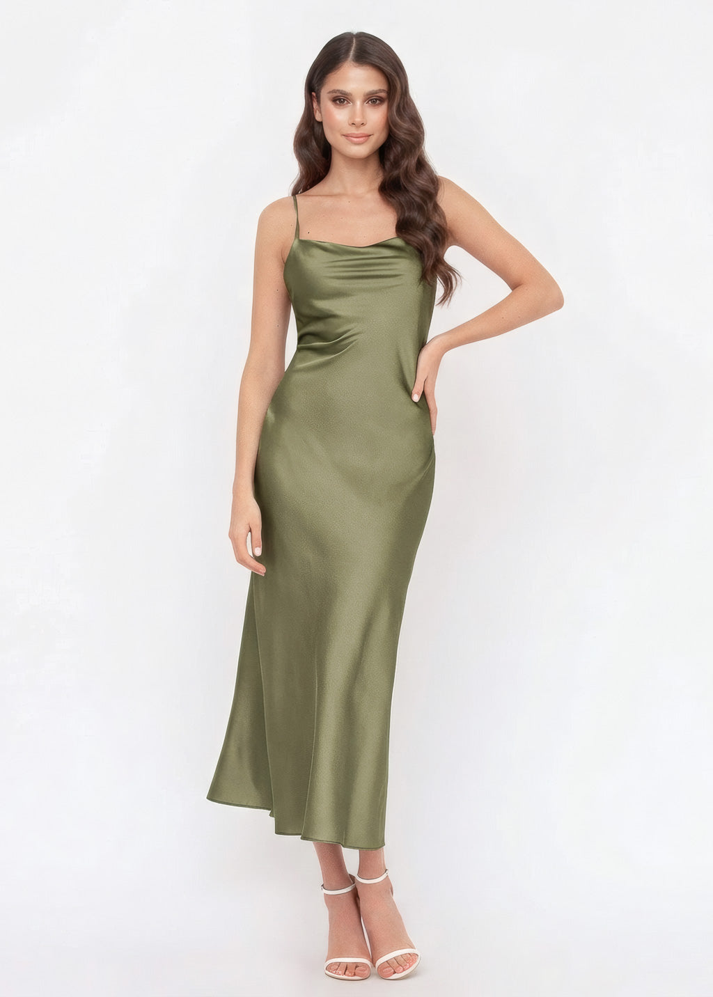 Olive Green Silk Midi Slip Dress