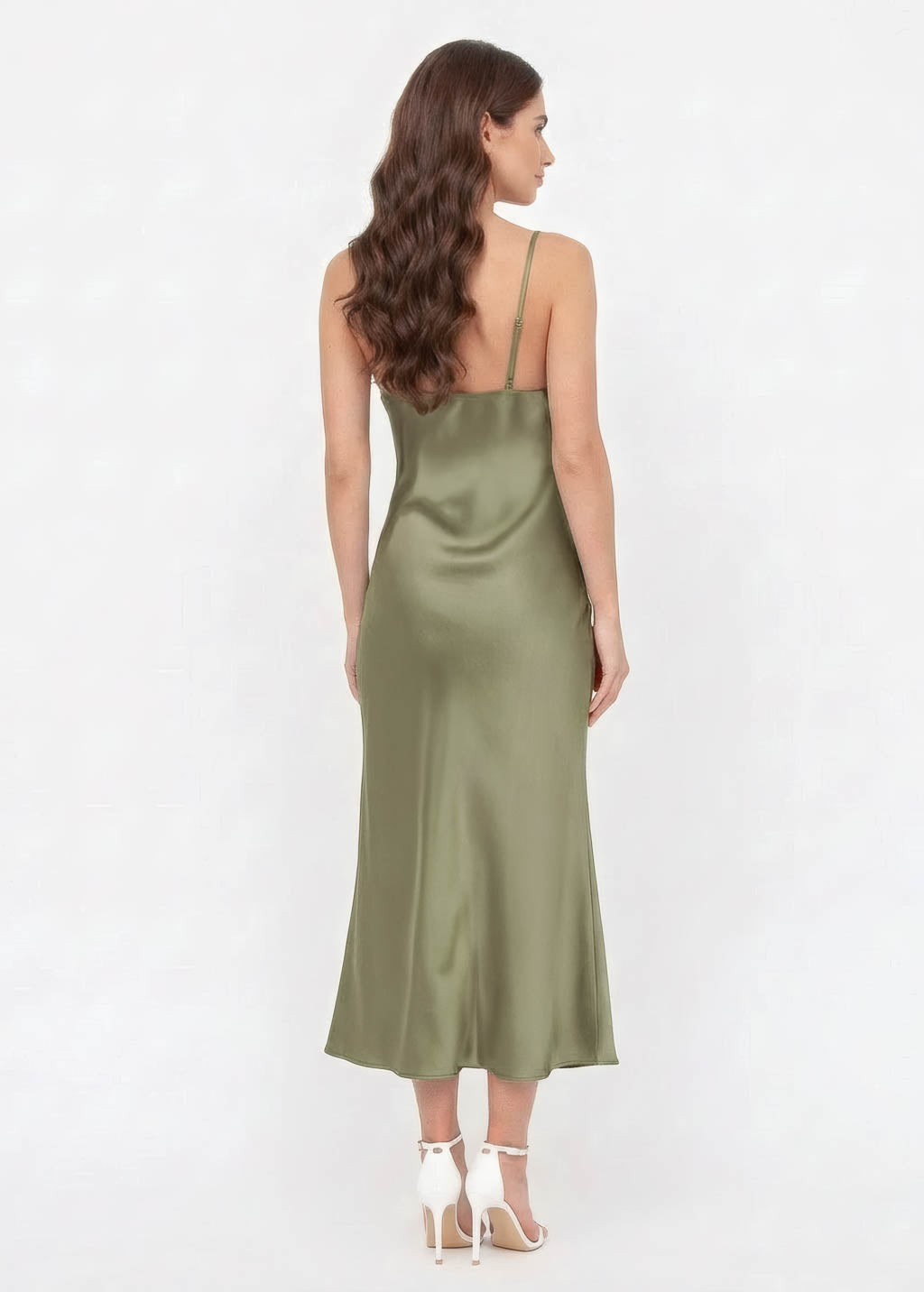 Olive Green Silk Midi Slip Dress