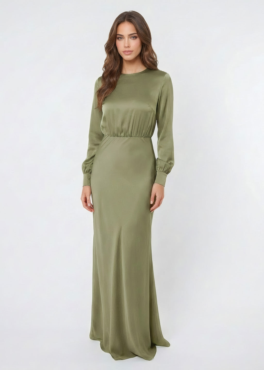 Olive Green Silk Bridesmaid Dress, Long Sleeve Satin Maxi Dress, Modest  Wedding Guest Gown, Sage Formal Evening Dress, Custom Made – ENME.ME