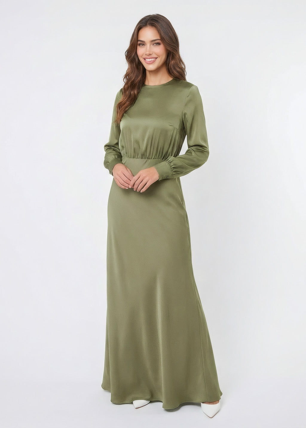 Olive Green Silk Bridesmaid Dress with Long Sleeves
