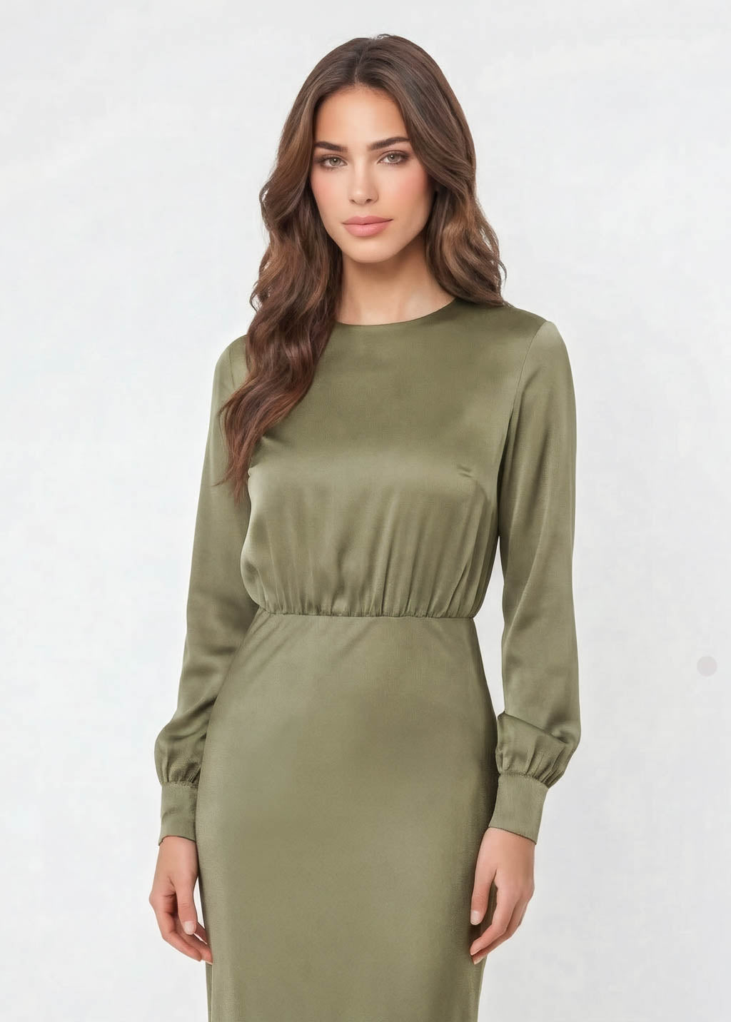 Olive Green Silk Dress with Long Sleeves