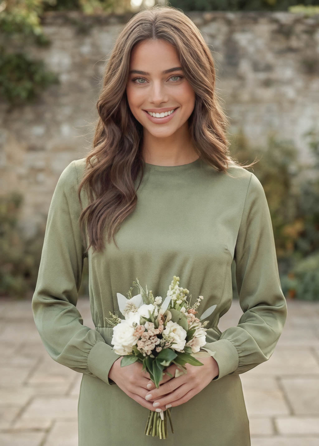 Olive Green Silk Bridesmaid Dress with Long Sleeves