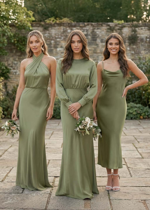 Olive Green Silk Bridesmaid Dress with Long Sleeves
