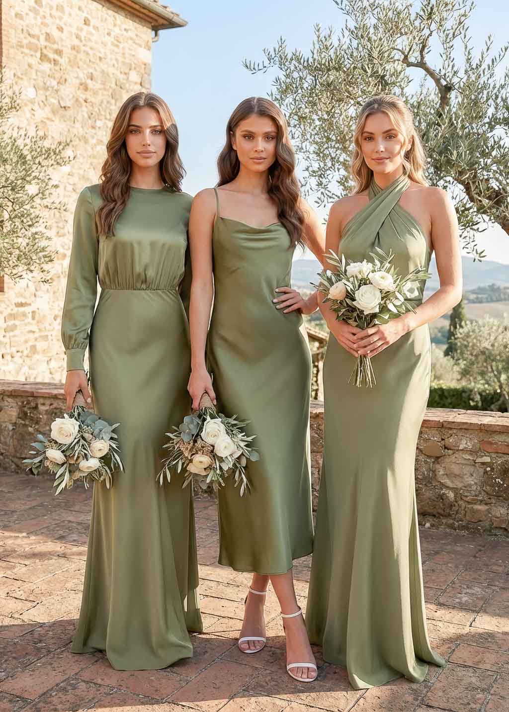 Olive Green Silk Bridesmaid Dress with Long Sleeves Olive Green Silk Bridesmaid Dress with Long Sleeves