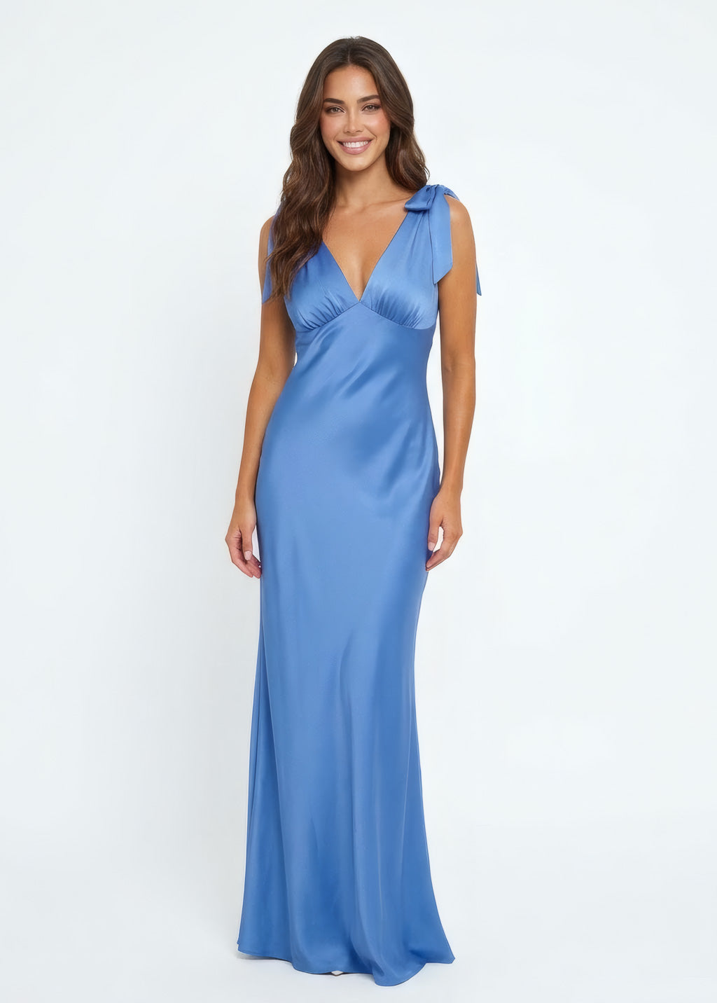 Blue silk slip dress with adjustable bow ties