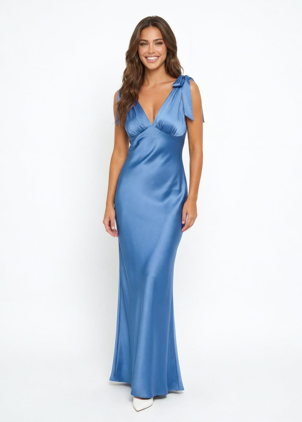 Blue silk slip dress with adjustable bow ties