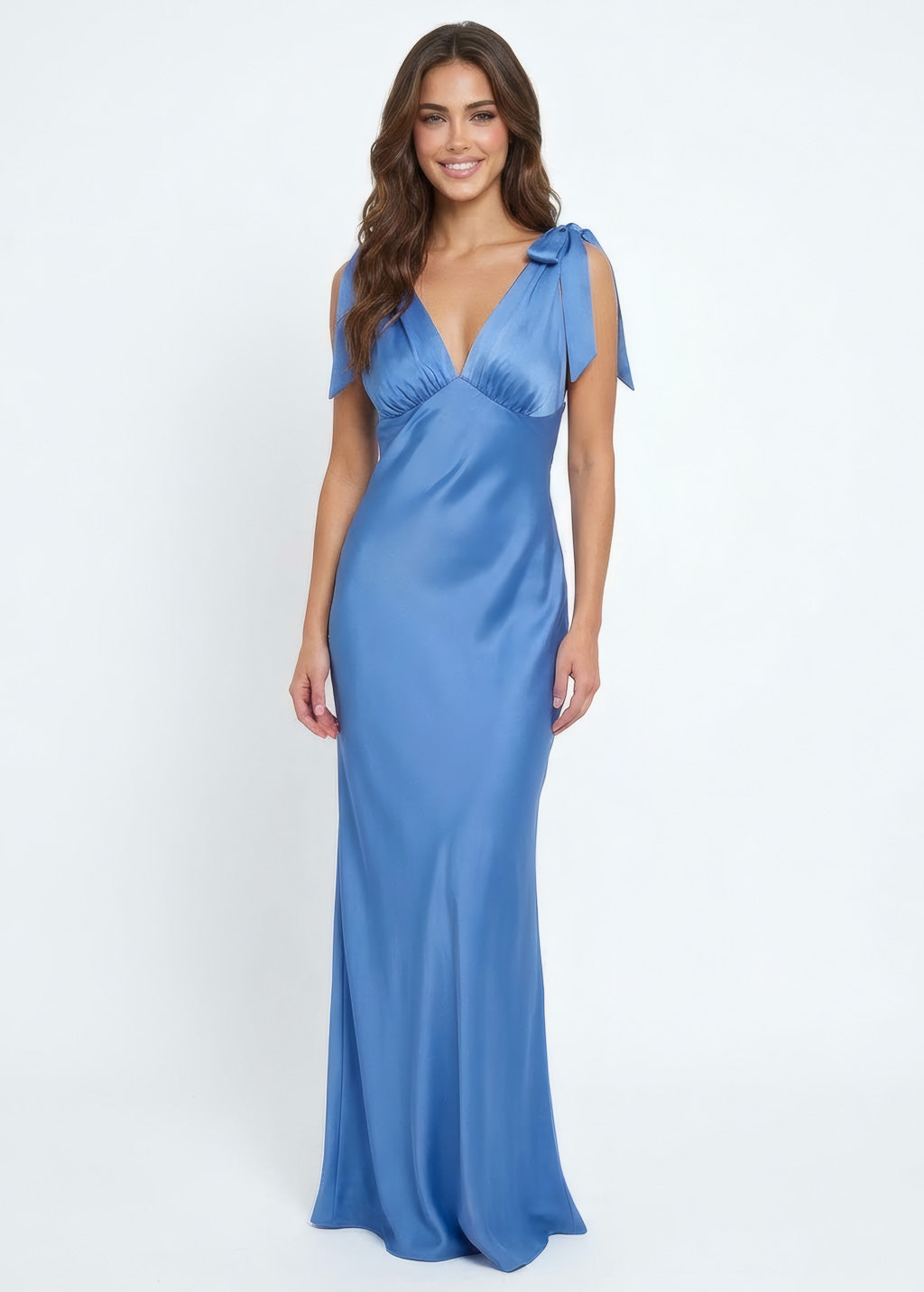Blue silk slip dress with adjustable bow ties