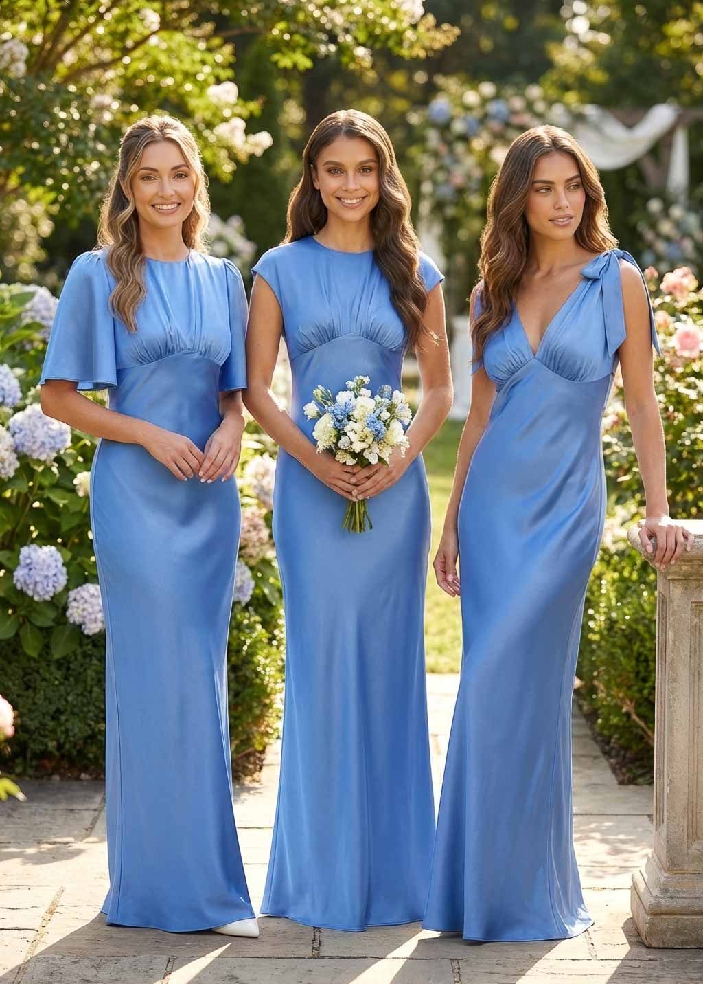 Blue Silk Long Bridesmaid Dress