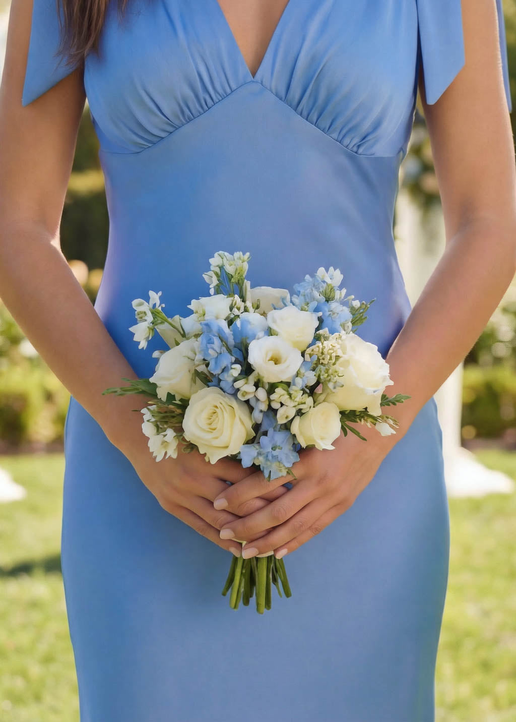 Blue silk slip  bridesmaid dress with adjustable bow ties