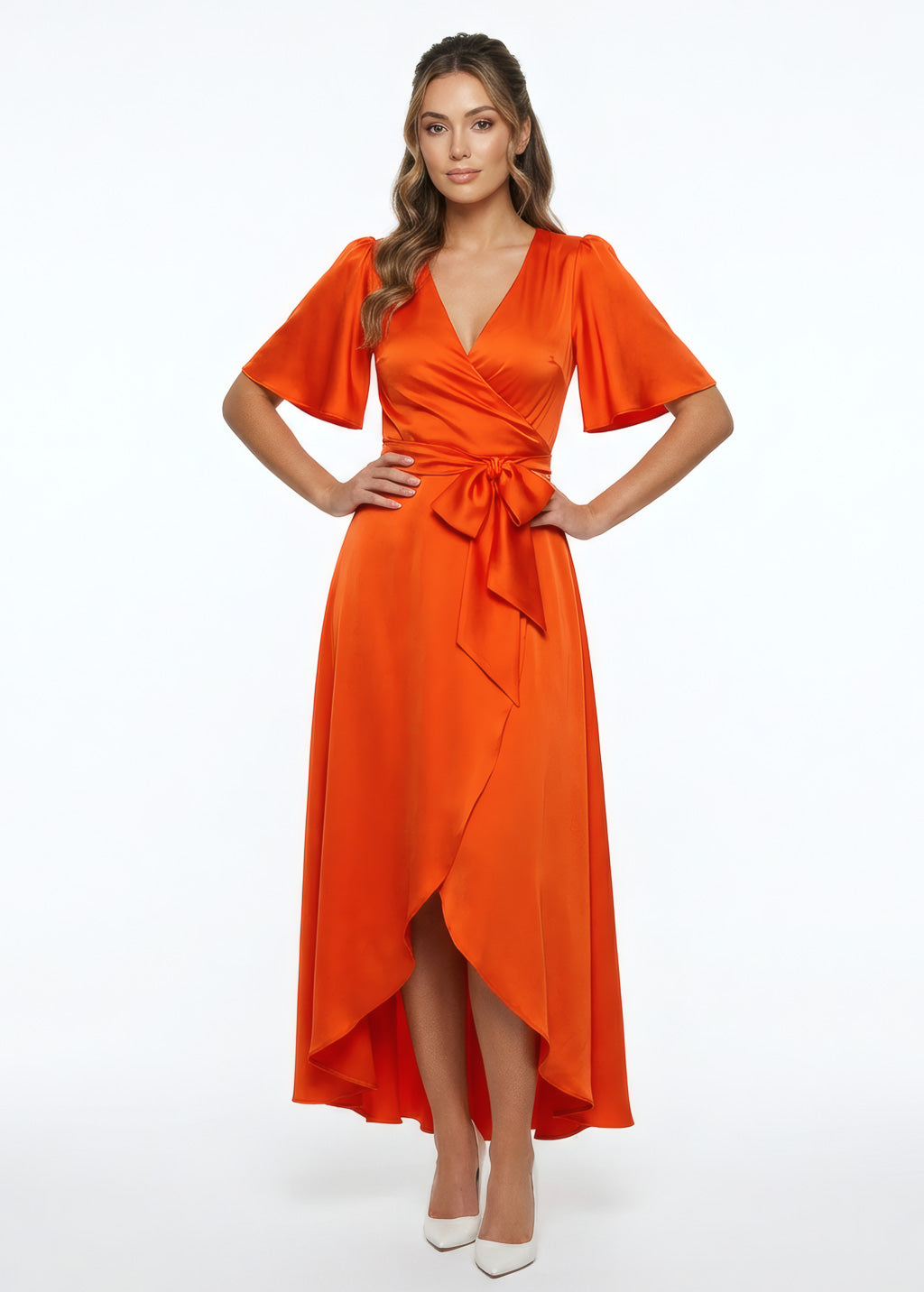 Orange Silk Wrap Bridesmaid Dress with Flutter Sleeve