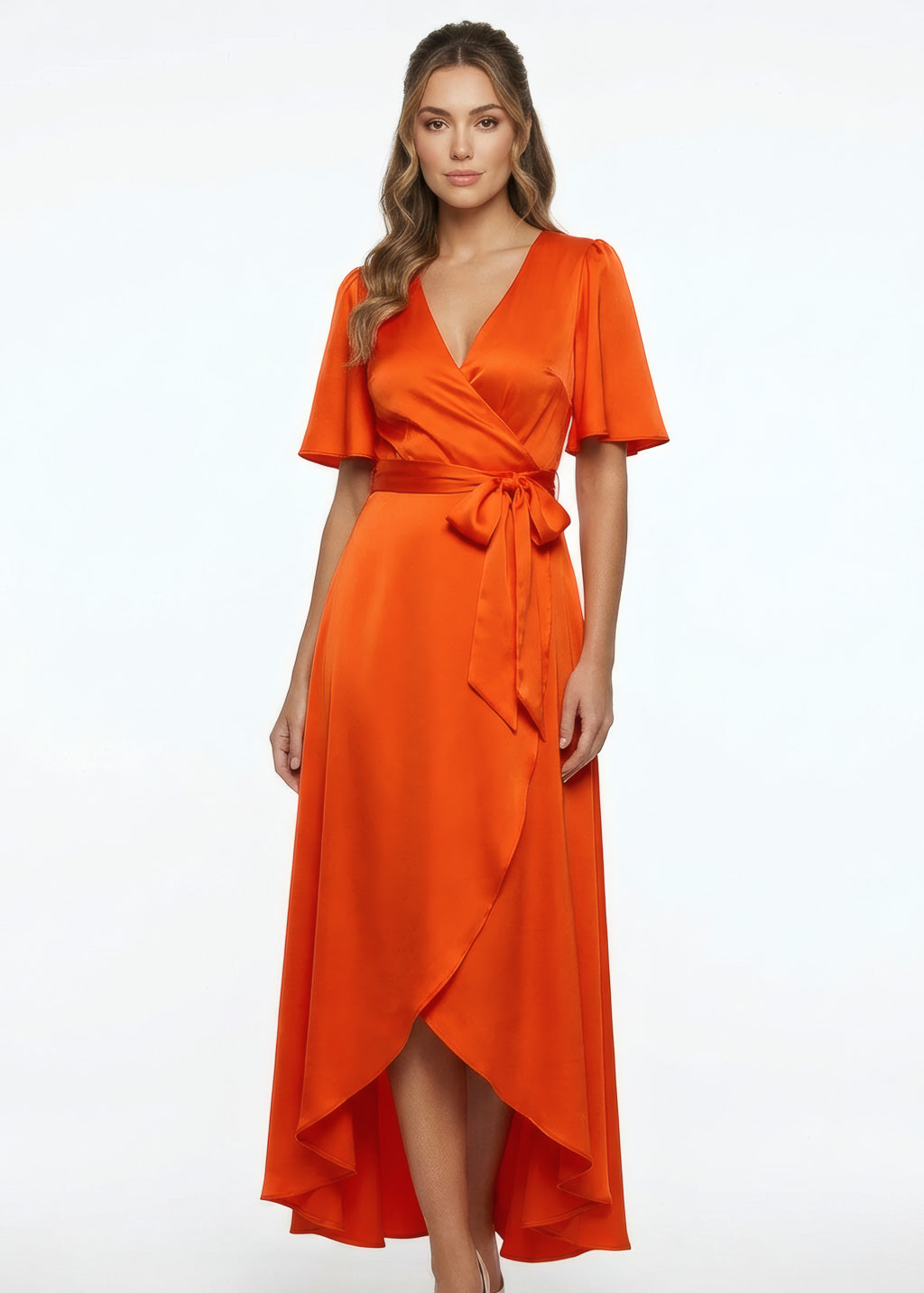 Orange Silk Wrap Bridesmaid Dress with Flutter Sleeve