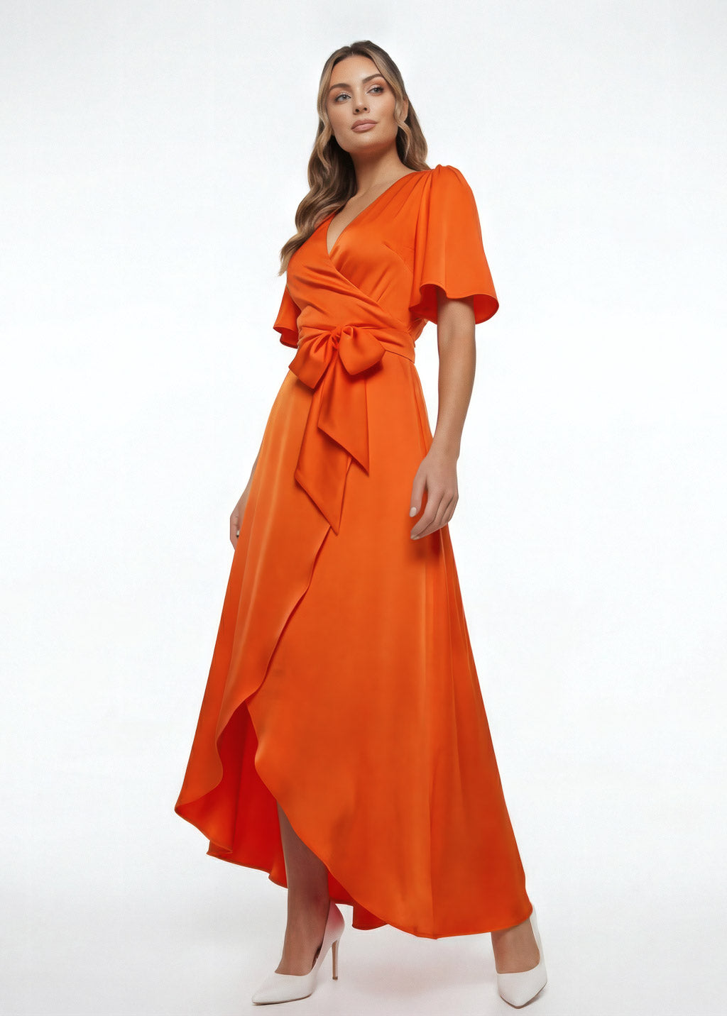 Orange Silk Wrap Bridesmaid Dress with Flutter Sleeve